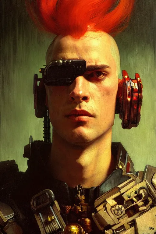 Image similar to full character portrait max mad cyberpunk warhammer 4 0 k, medic sapper not the pietra character design, painting by gaston bussiere, katsuya terada, wyeth, greg rutkowski, craig mullins, ( ( ( ( ( vermeer ) ) ) ) ), frank frazetta, mucha, tom of finland, trending on artstation