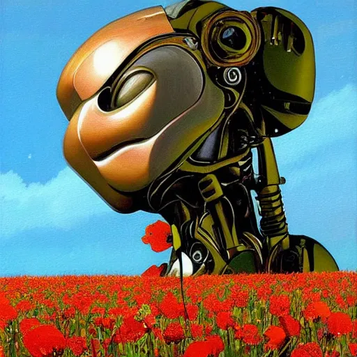 Image similar to a beautiful painting of a busted and broken humanoid robot android in a field of flowers by moebius
