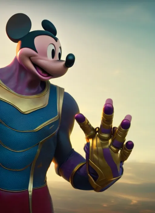 Image similar to Mickey Mouse cast as Thanos, still from Marvel movie, hyperrealistic, 8k, Octane Render,