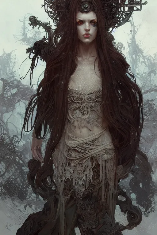 Image similar to A full portrait of a beautiful terrible dystopian boneyard nordic necromancer sorcerer enchanter, intricate, elegant, highly detailed, digital painting, artstation, concept art, smooth, sharp focus, illustration, art by Krenz Cushart and Artem Demura and alphonse mucha