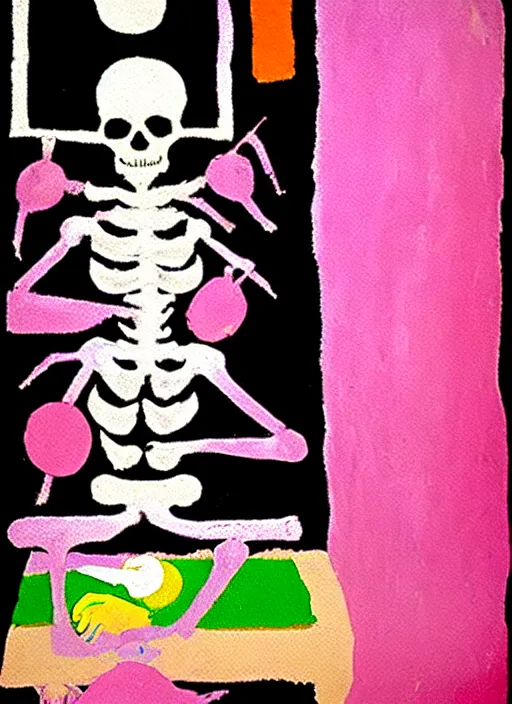 Prompt: pixel decollage painting tarot death card composition pink haired skeleton chef cook in a medieval crowded kitchen, painted by mark rothko, helen frankenthaler, danny fox and hilma af klint, pixelated, expressionism