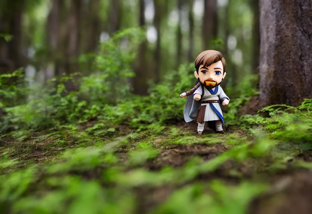 Prompt: side view of obi wan kenobi of disney movie as nendoroid running in a forest, 8 k hd dof, kodak film,