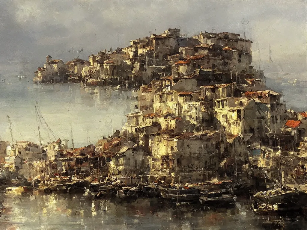 Image similar to a detailed, precise oil painting of a beautiful Mediterranean fishing village by Jeremy Mann,