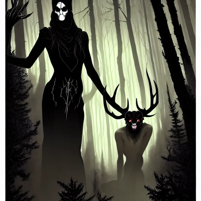 Image similar to style artgerm, joshua middleton, rafael albuquerque, gerald brom : : scary wendigo with antlers and skull face mixed with werewolf : : [ [ beautiful female witch wearing a black dress, yellow eyes, symmetrical face, on the right side ] ] : : in the forest, detailed, dark and foggy, cinematic lighting