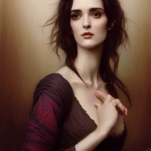 Image similar to beautiful striking Pre-Raphaelite Winona Ryder by Artgerm and Greg Rutkowski, pale, intricate, elegant, highly detailed, digital painting