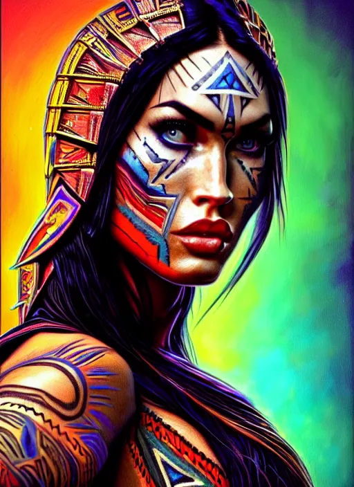 Image similar to portrait of megan fox, hyper detailed ultra sharp aztec shaman warrior. trending on artstation, warpaint aesthetic, bloodwave, colorful, psychedelic, ornate, intricate, digital painting, concept art, smooth, sharp focus, illustration, art by artgerm and greg rutkowski and h. r. giger, 8 k