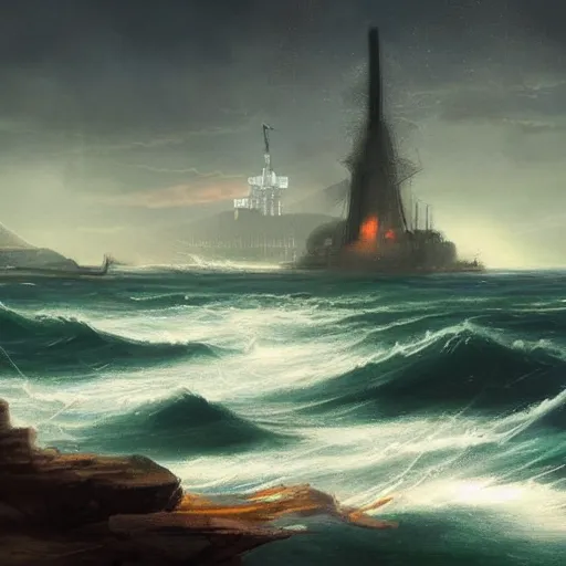 Prompt: a ship off the shore of a beautiful coast with a distant ominous tower filled with evil technology glowing in the distance