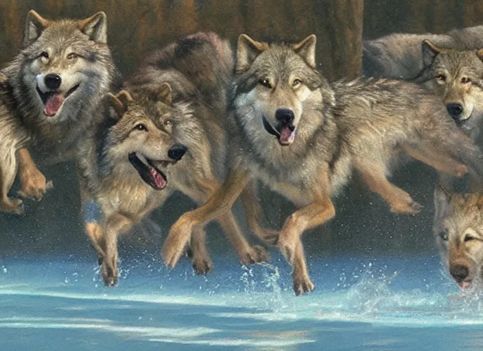 Prompt: a group of wild wolves jumping into a pool, oil painting by ralph maquarrie and james gurney, soft edges, subtle colours