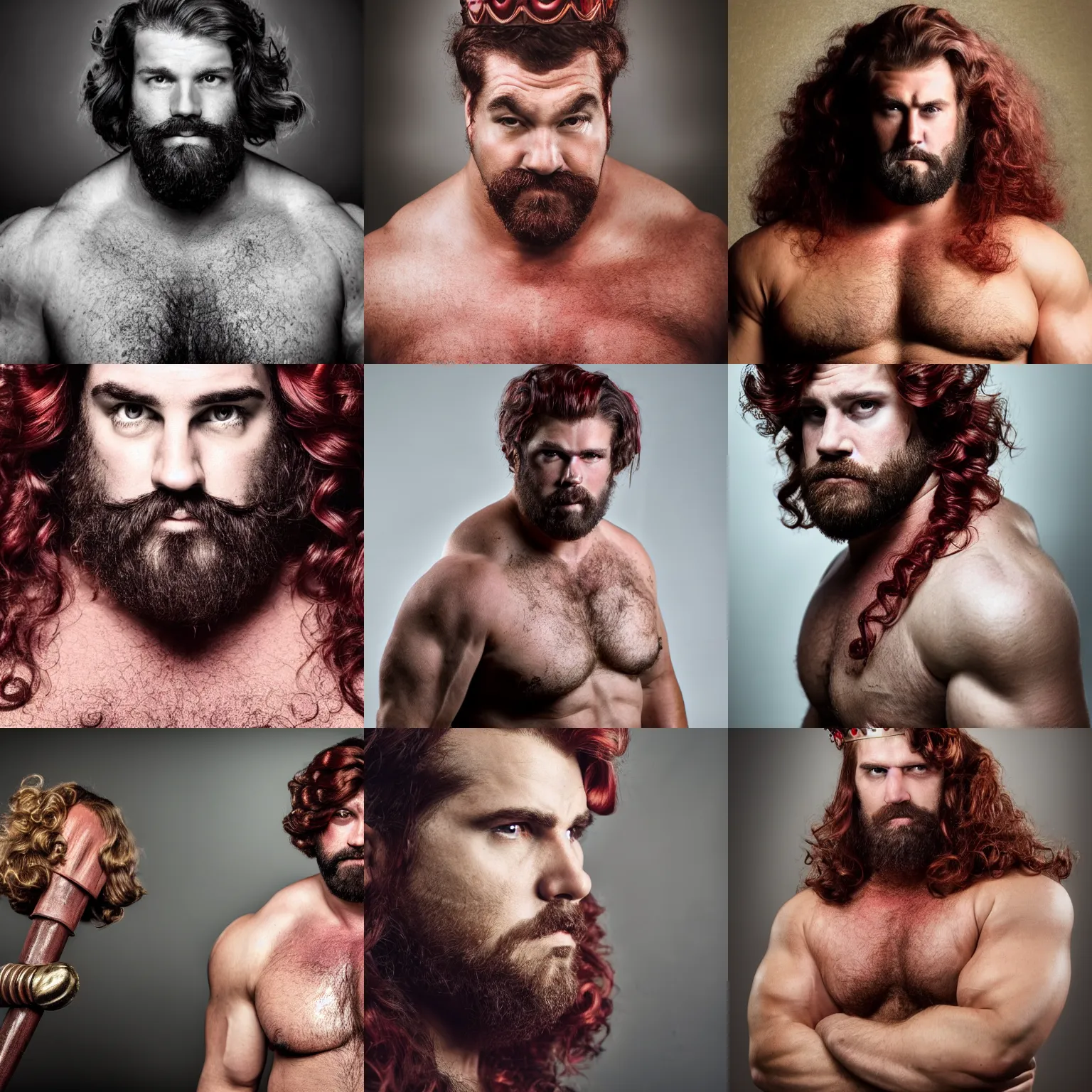 Prompt: portrait of a burly muscular man with dark - red curling hair man with a crown and a warm yet serious gaze, photography