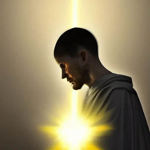 Prompt: Close up of a young, thin and stern catholic priest in his thirties fervently praying as he is about to die from the ominous yellow shadow descending upon him from the night sky. Low angle, dramatic lighting. Award-winning digital art, trending on ArtStation