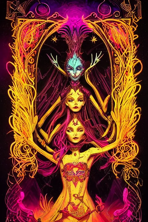 Image similar to Elsa, full of color on black paper, symmetrical, forsaken spirits, golden ratio, elements, gold, neon, baroque, rococco, tarot card with ornate border frame, marc simonetti, paul pope, peter Mohrbacher, detailed, occult symbols, satanic ink illustration, by Charles Wess, Jeffrey Jones dynamic lighting