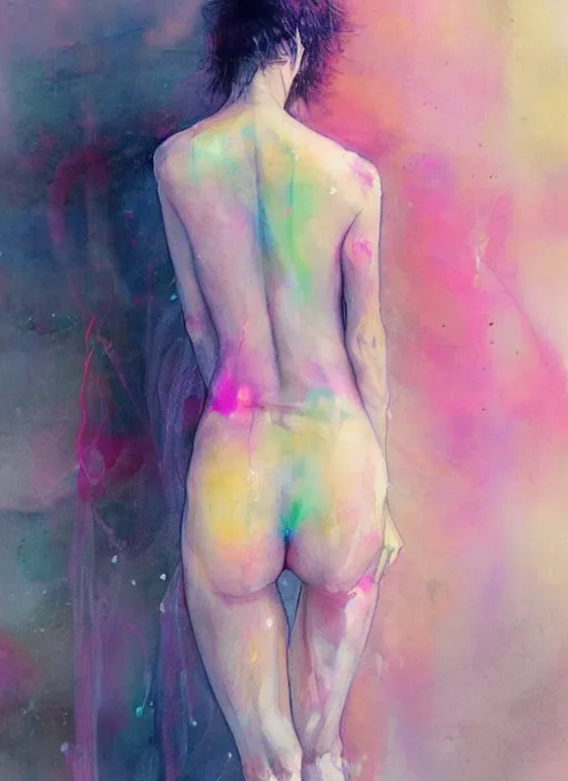 Prompt: sexy seducing woman in short by agnes cecile, half body portrait, 3 / 4 view from back, bending over, extremely luminous bright design, pastel colours, ink drips, autumn lights