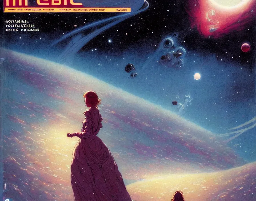 Image similar to illustrated by moebius and greg rutkowski, romantic!!! space scene!! with standing young girl!!!!, orbit of earth!, futuristic orbital station!!!!, nebulae!!, starry sky!!, rule of third!!!!, vintage cover of sci - fi magazine, cinematic!!