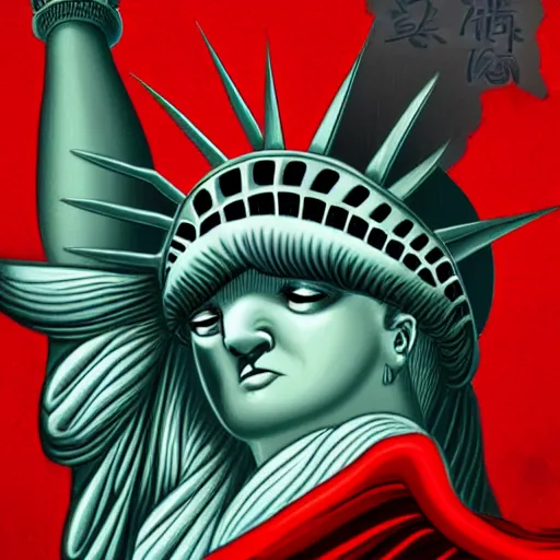 Image similar to Lady Liberty riding on top of the chinese red dragon, highly detailed, digital painting, smooth, sharp focus, illustration