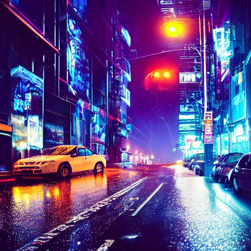 Image similar to a city street at night, raining, photograph, cars on the road, cyberpunk