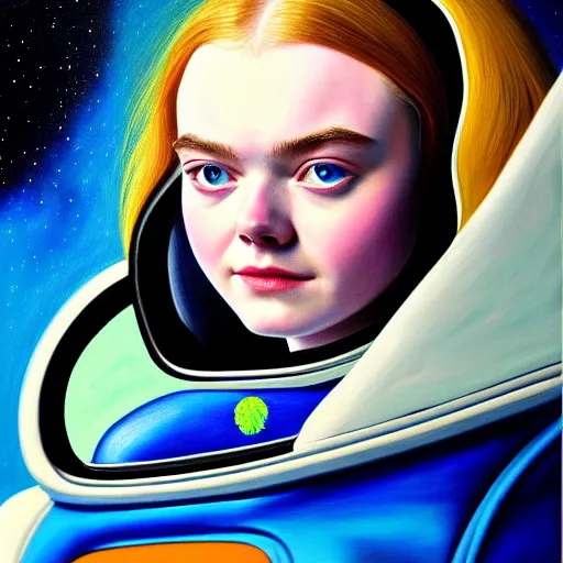 Prompt: portrait of a elle fanning wearing a spacesuit flying a trans am firebird, detailed realism face in painting, detailed beautiful portrait, oil painting masterpiece, 8 k resolution, smooth, sharp focus, trending on artstation, by rembrandt