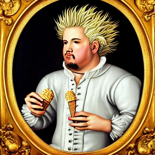 Image similar to a 1 6 0 0 s portrait painting of guy fieri holding an ice cream cone, intricate, elegant, highly detailed