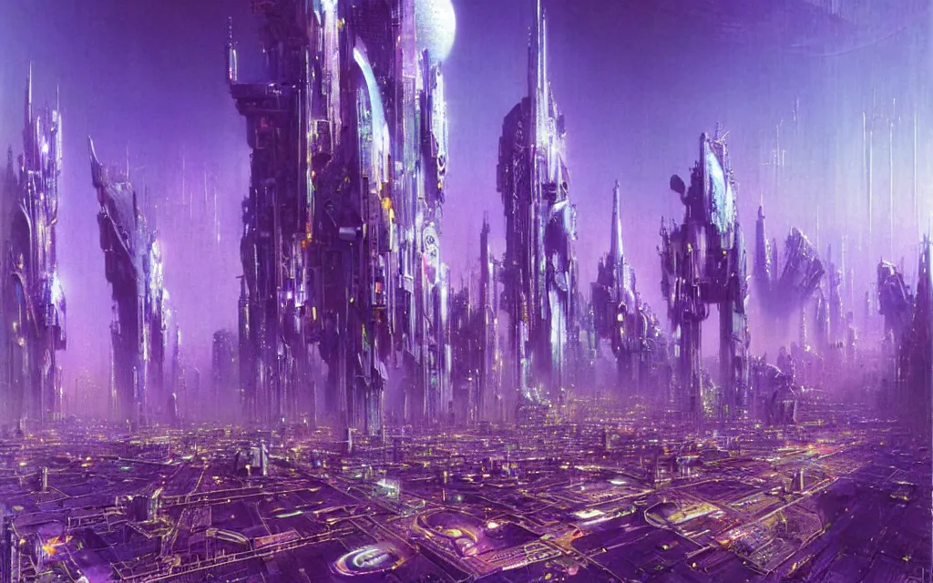 Image similar to a futurist cybernetic purple city, future perfect, award winning digital art by alan bean and bruce pennington