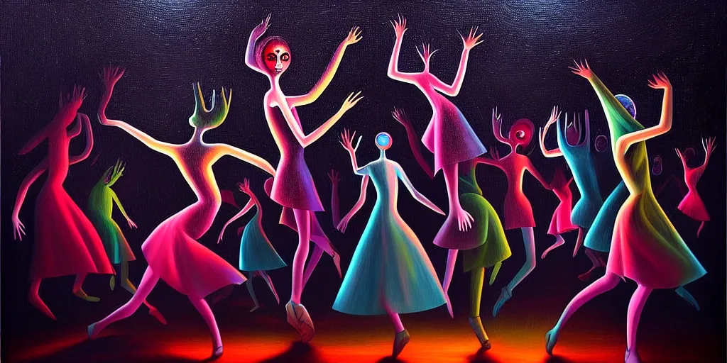 Image similar to personified emotion and thought creatures dance at the disco, dramatic lighting, attempting to escape to the surface and start a revolution, in a dark surreal painting by ronny khalil