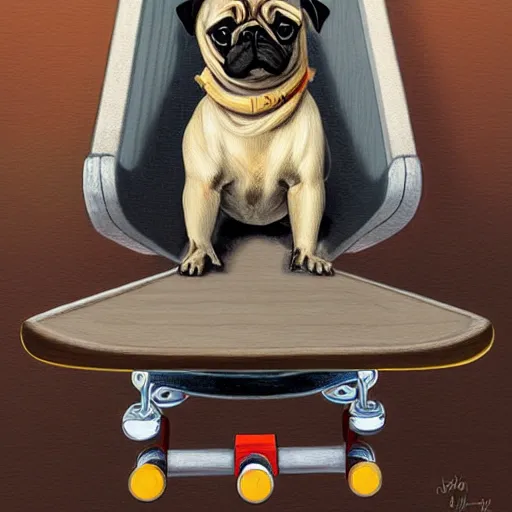 Image similar to a pug dog sitting on top of a skateboard, a digital painting by jeffrey smith, featured on cg society, digital art, digital painting, sketchfab, digital illustration