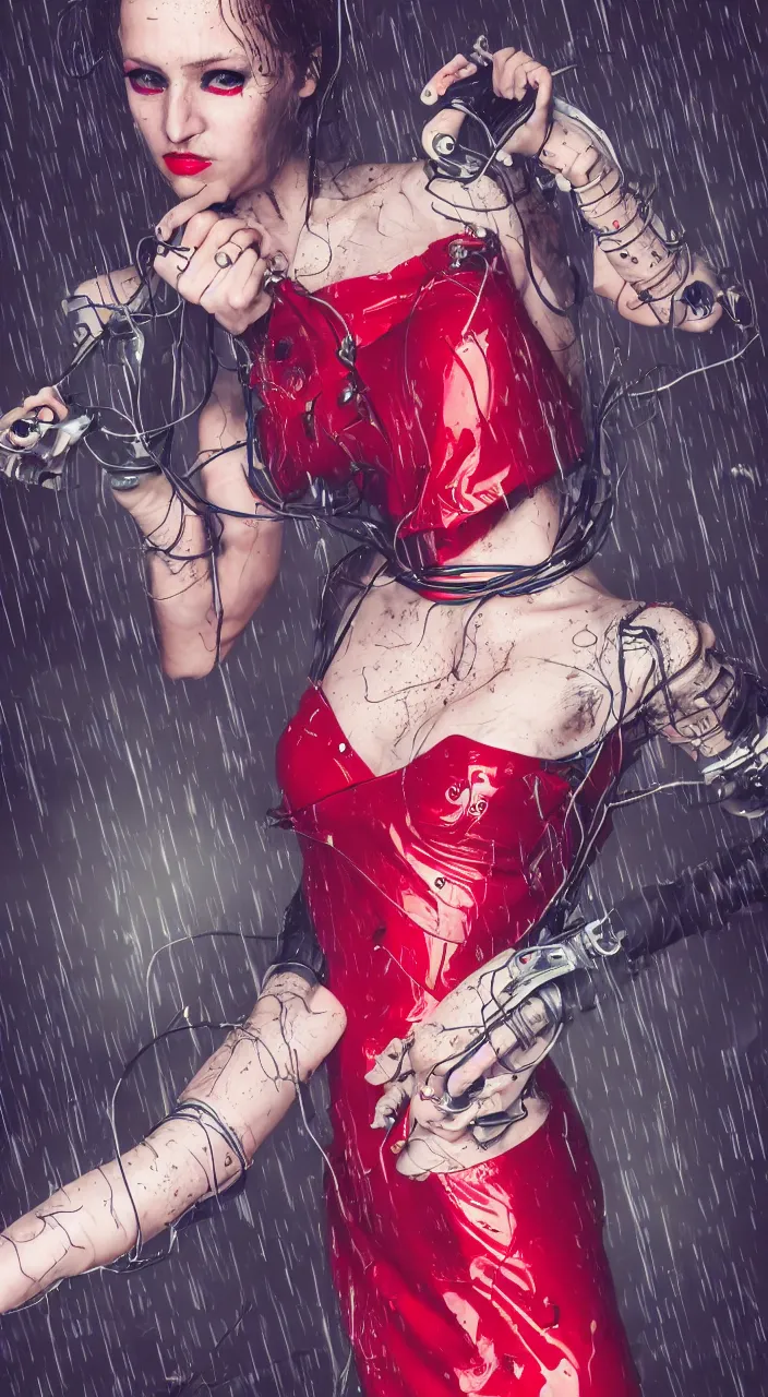 Image similar to woman, android, cyberpunk, artificial limbs, circuit, wires, mechanisms, tattoos, neon light, hard light, glamour, vogue photoshoot, fashion, long dress, red dress, raindrops, rain, wet, make - up, leaky make - up, red lipstick