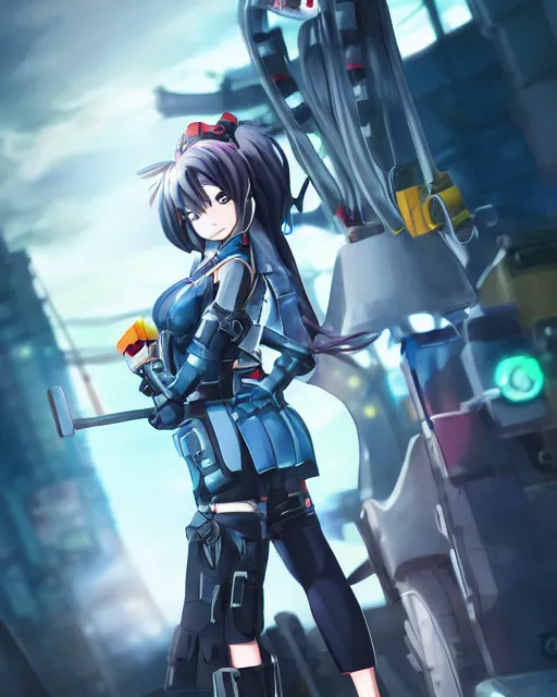 Image similar to full body image of anime girl in mechanic armor in night tokyo by makoto sinkai, fine details