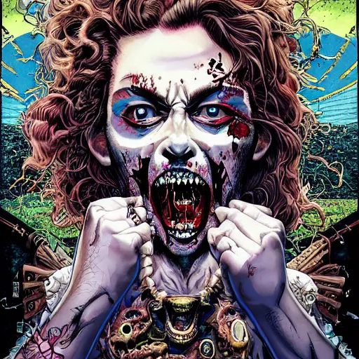 Image similar to portrait of crazy post malone zombie, symmetrical, glamour, by yoichi hatakenaka, masamune shirow, josan gonzales and dan mumford, ayami kojima, takato yamamoto, barclay shaw, karol bak, yukito kishiro