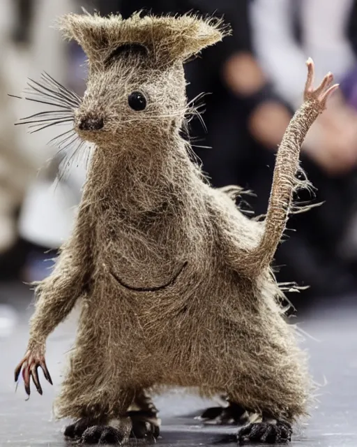 Prompt: a tiny dirty rat is the protagonist of the latest haute - couture milan fashion show