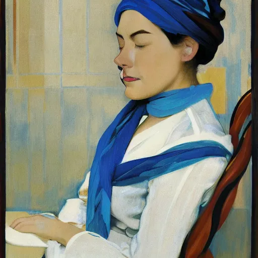 Image similar to A beautiful computer art of a lady with a blue scarf on her head, sitting in a chair with her eyes closed. by Giacomo Balla, by Hans Thoma