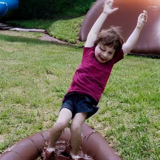 Image similar to kid going down chocolate pudding slip n slide head first, photo taken at the park