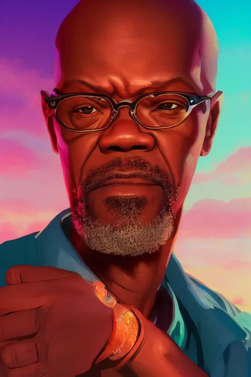 Image similar to portrait samuel l. jackson, sunset background, rich vivid colors, ambient lighting, dynamic lighting, 4k, official media, anime key visual, makoto shinkai, ilya kuvshinov, lois van baarle, rossdraws, detailed, trending on artstation