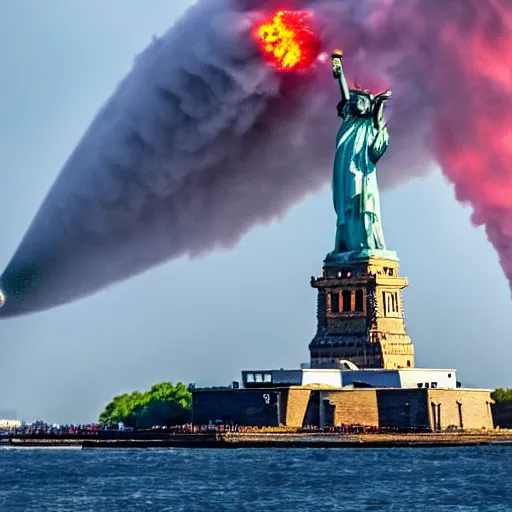 Prompt: disaster photography, airship during collision into statue of liberty, full color, explosion, 8k, hd, high resolution