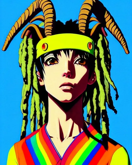 Image similar to portrait Anime 1984 Rasta Goat Goat wearing-rasta-clothes Soft fine face pretty face, realistic shaded Perfect face, fine details. Anime. background: Los-Angeles San-Francisco; hyperrealistic by Ilya Kuvshinov katsuhiro otomo ghost-in-the-shell, magali villeneuve, artgerm, rutkowski Jeremy Lipkin and Giuseppe Dangelico Pino and Michael Garmash and Rob Rey