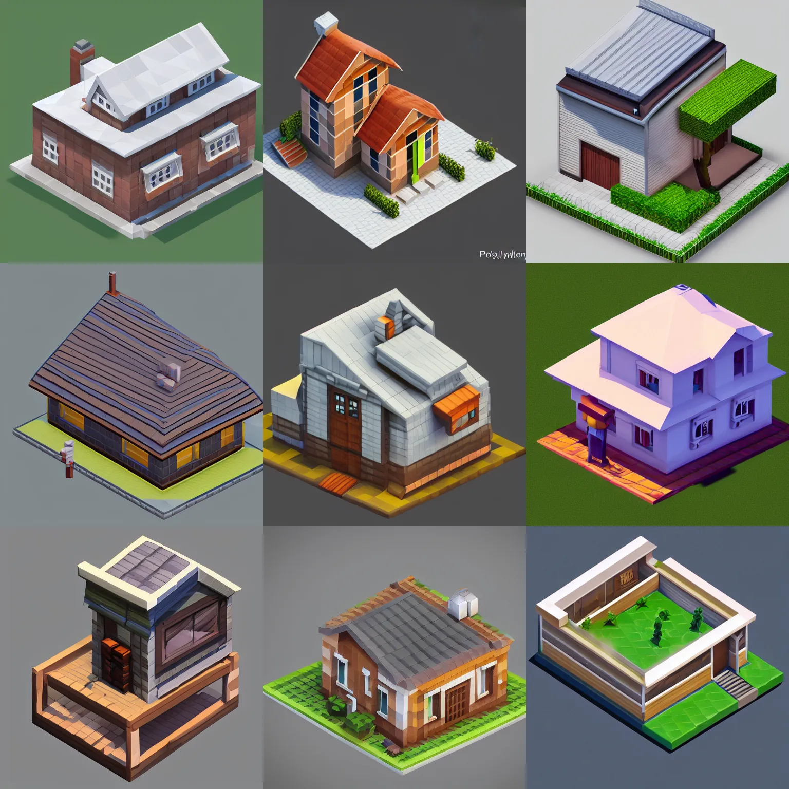 Prompt: isometric house, modern gambrel roof building, a low poly render, by senior environment artist, polycount, pixel art, isometric, voxel art, artstation