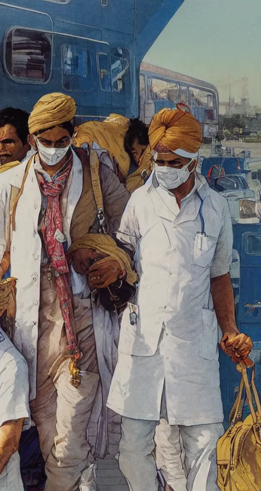 Image similar to close up of three Indian doctors in scrubs disembarking at Heathrow, sun shining, photo realistic illustration by greg rutkowski, thomas kindkade, alphonse mucha, loish, norman rockwell.