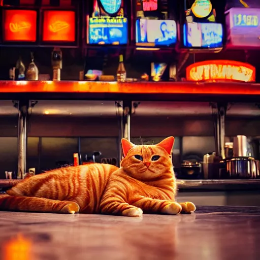 Prompt: An orange tabby cat sleeping on a counter at a cyberpunk diner at night, atmospheric neon lighting, beautiful, etherial, realistic,