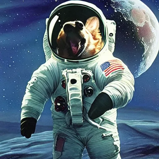 Prompt: adorable corgi puppy cosmonaut on the moon, painted by alan bean