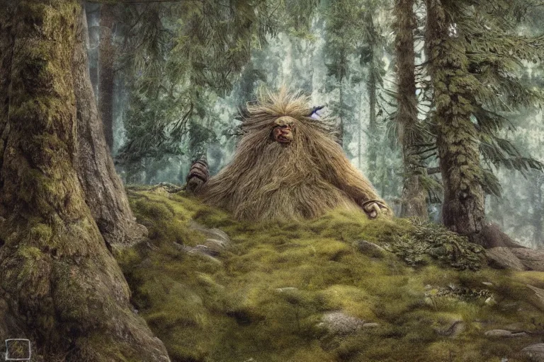 Image similar to huge mountain troll in a swedish forest, very low angle photograph, very detailed, trending on artstation, realistic, soft colors, illustration by john bauer