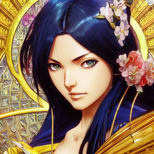 Image similar to highly detailed vfx portrait of nico robin by eiichiro oda, makoto shinkai, alphonse mucha, sharp focus, art by artgerm and greg rutkowski!, backlit, harsh overhead sunlight, blue eyes, stanley kybric, pixiv, fanbox,