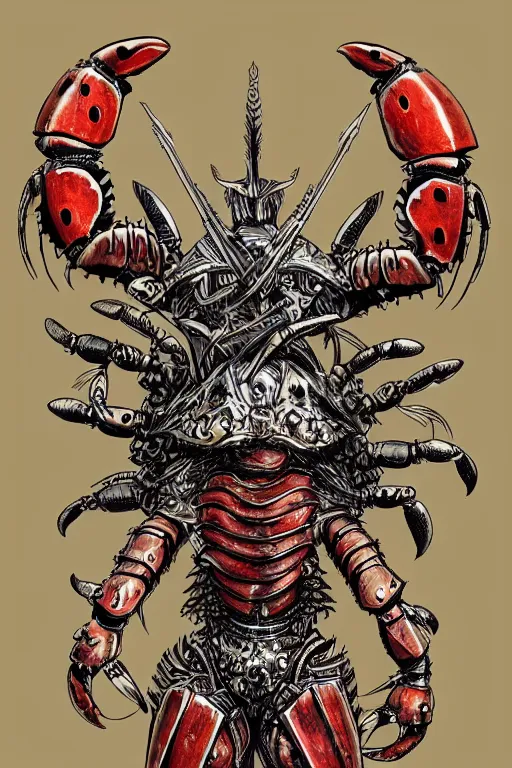 Prompt: human warrior, lobster themed armour, crab, symmetrical, highly detailed, digital art, needles, sharp focus, trending on art station, kentaro miura manga art style