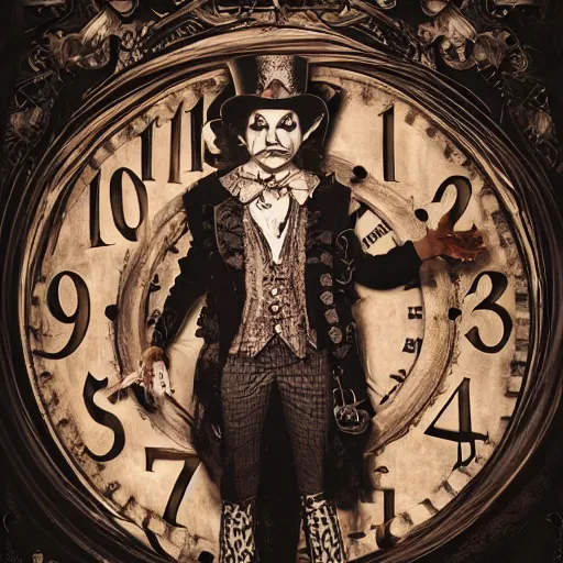 Image similar to The Mad Hatter standing in front of a twisted clock in Gothic-Steampunk style, highly detailed, artstation, intricate, gothic, steampunk, smooth, sharp focus, dark, horror, illustration, art by greg rutkowski and Yuumei, good clear quality, lighting, biology, symmetrical artwork, perfect face, 135 mm, cinematic, hyper realism, high detail, octane render, 8k, crimson highlights