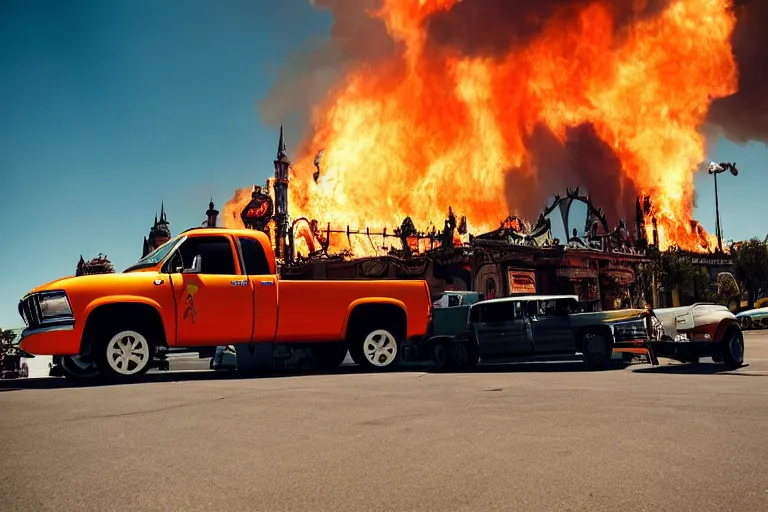 Prompt: lifted pickup in front of burning Disney Land by Emmanuel Lubezki