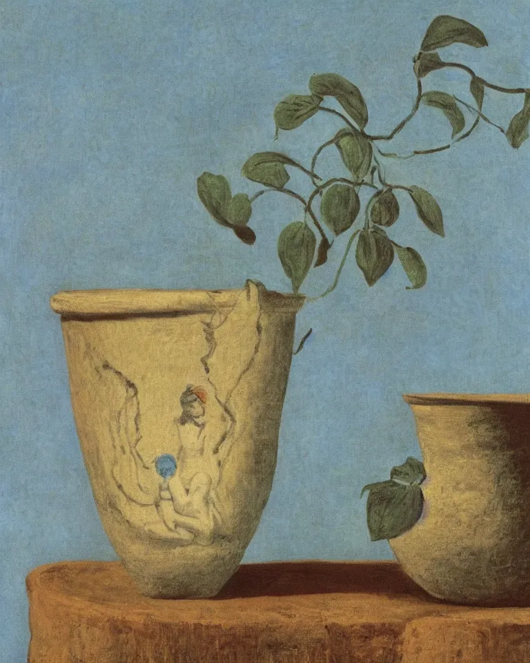 Image similar to achingly beautiful print of solitary painted ancient greek vase on baby blue background by rene magritte, monet, and turner.