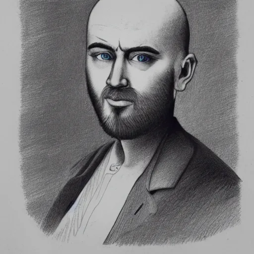 Image similar to portrait of bald short - bearded man with round face, small eyebrows, wide lips and kind blue eyes, minimalictic black and white, ink, pencil