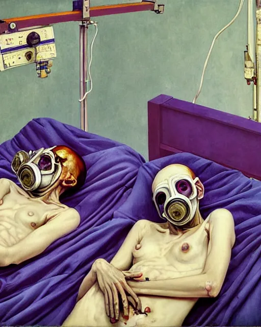 Prompt: two exhausted, skinny, fleshy doctors wearing ornate gas masks, draped in silky gold, blue and purple, a decayed operating room # hospital bed #, in the style of jenny saville, esao andrews, james jean and edward hopper, hyper - surrealism, art by takato yamamoto and james jean