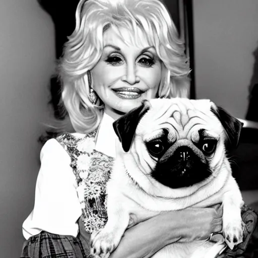 Prompt: dolly parton holding a cute pug way over her head, smile on her face