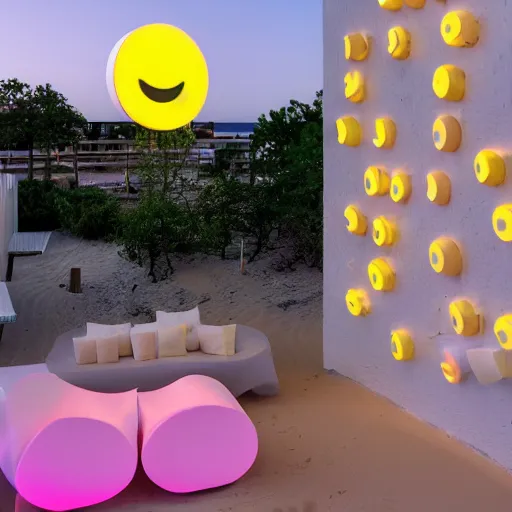 Image similar to An ultra high definition, professional photograph of an outdoor partial IKEA showroom inspired sculpture with a emoji smiley face white dot matrix light sign located on a pastel pink beach ((with pastel pink, dimpled sand where every item is pastel pink. )) The sun can be seen rising through a window in the showroom. The showroom unit is outdoors and the floor is made of dimpled sand. The showroom unit takes up 20% of the frame and is surrounded by barren beach environment. A square dot matrix sign displays an emoji somewhere in the scene. Morning time indirect lighting with on location production lighting on the showroom. In the style of wallpaper magazine, Wes Anderson.