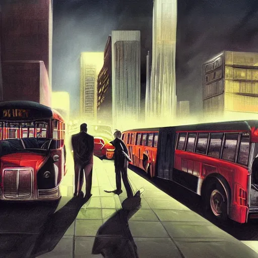 Prompt: dark city bus stop, by alex ross, comic cover,very detailed,ArtStation