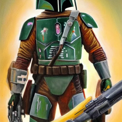 Image similar to Boba Fett staring at his bounty target from a distance, oil painting