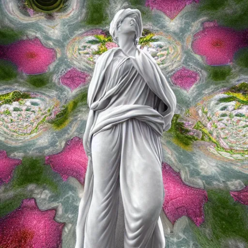 Prompt: an idealistic marble statue with sweeping clothes and with fractal flowery hair in a fractal garden, unreal engine, 8 k render, beautiful, full frame,